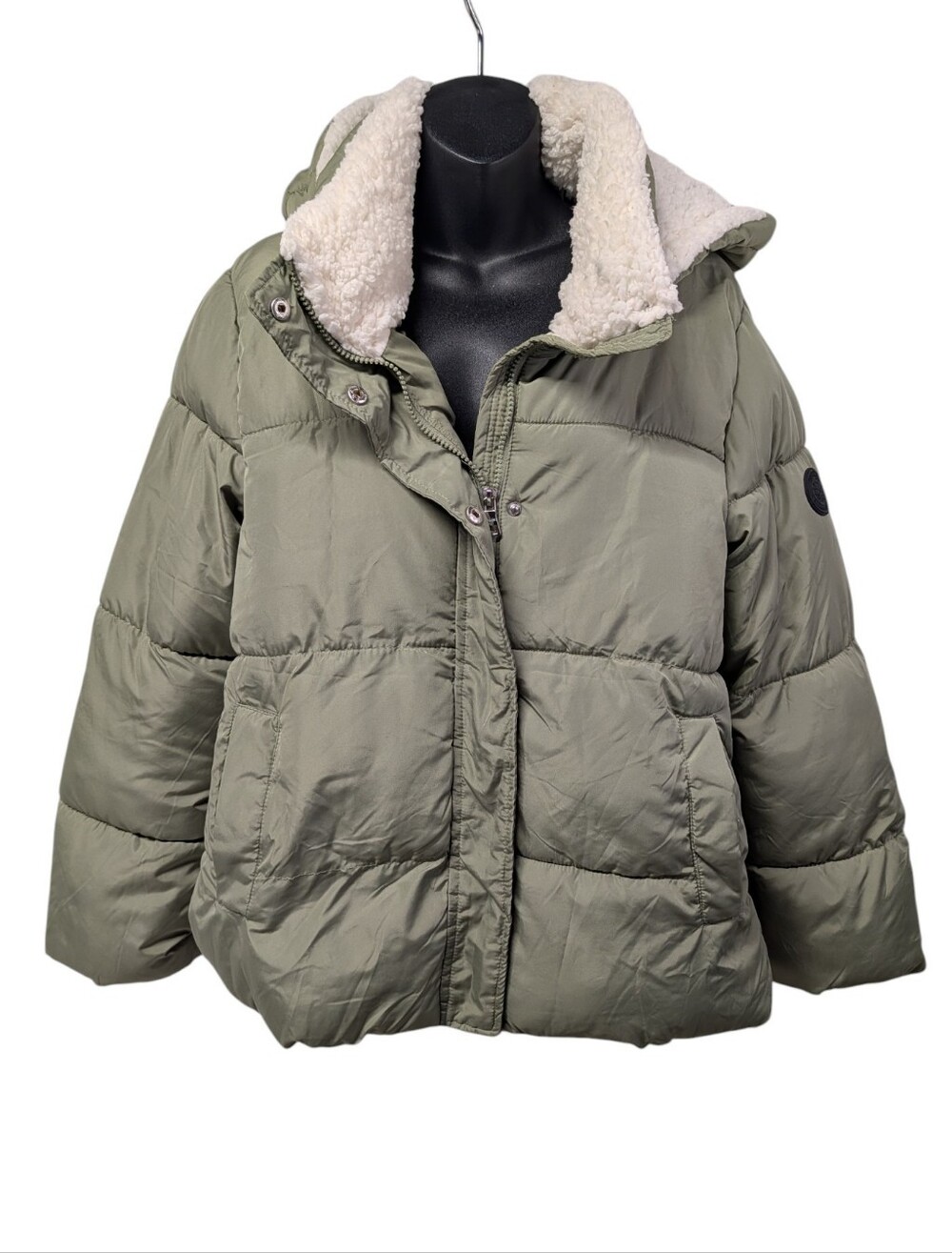 Madden Girl Women's Green Hooded Puffer Jacket Size L Faux Fur Lined Pockets